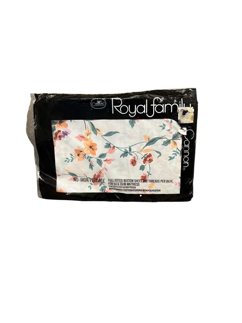 VTG Cannon Royal Family Full Fitted Sheet White Floral NOS No Iron Percale